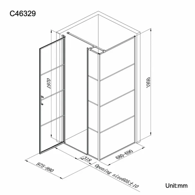 Toulon Matt Black Grid Easy Clean 6mm Pivot Shower Enclosure 1000x700mm