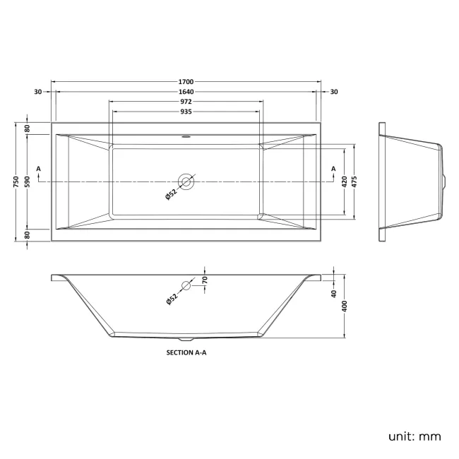 Durham 1700x750 Square Double Ended Bath