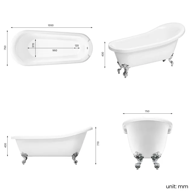 Highbury 1550mm Roll Top Slipper Bath - Chrome Ball Feet