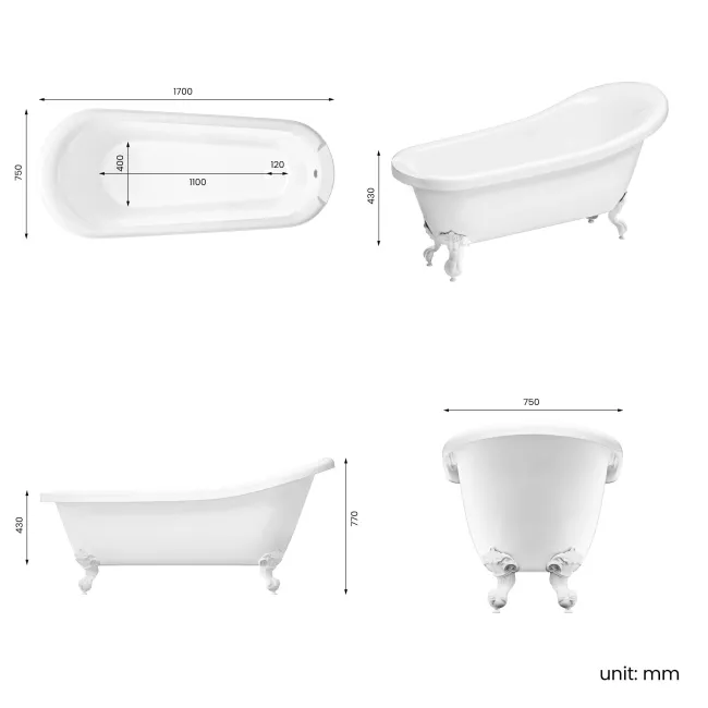 Highbury 1700mm Roll Top Slipper Bath - White Ball Feet