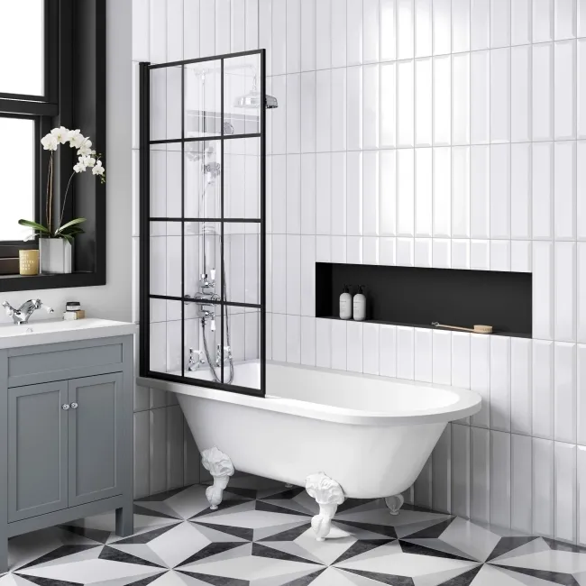 Abingdon 1500 Roll Top Shower Bath - White Ball Feet & 6mm Easy Clean Matt Black Grid Screen