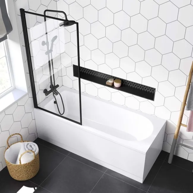 Stafford 1700x700 Round Shower Bath & 6mm Easy Clean Matt Black Framed Bath Screen