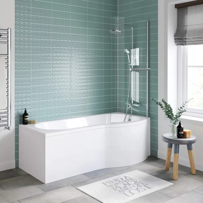 P Shaped 1700 Shower Bath with Front Panel & 4mm Screen with Rail - Right Handed