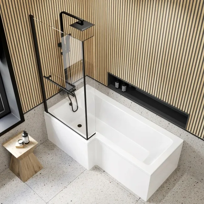 L Shaped 1700 Shower Bath & 6mm Matt Black Easy Clean Screen with Rail - Left Handed