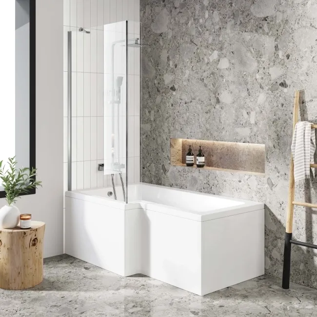 L Shaped 1500 Shower Bath with Front Panel & 4mm Fixed Screen - Left Handed