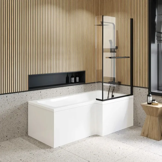 L Shaped 1700 Shower Bath with Front Panel & 6mm Easy Clean Screen with Rail - Right Handed