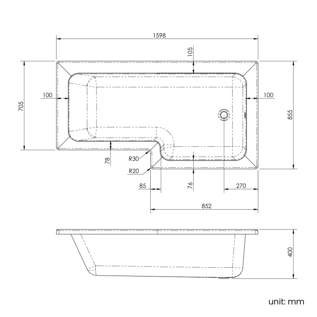 L Shaped 1600 Shower Bath & 6mm Easy Clean Brushed Brass Bath Screen - Right Handed