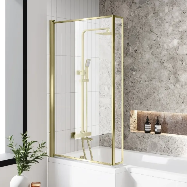 L Shaped 1700 Shower Bath with Front Panel & 6mm Easy Clean Brushed Brass Bath Screen - Left Handed