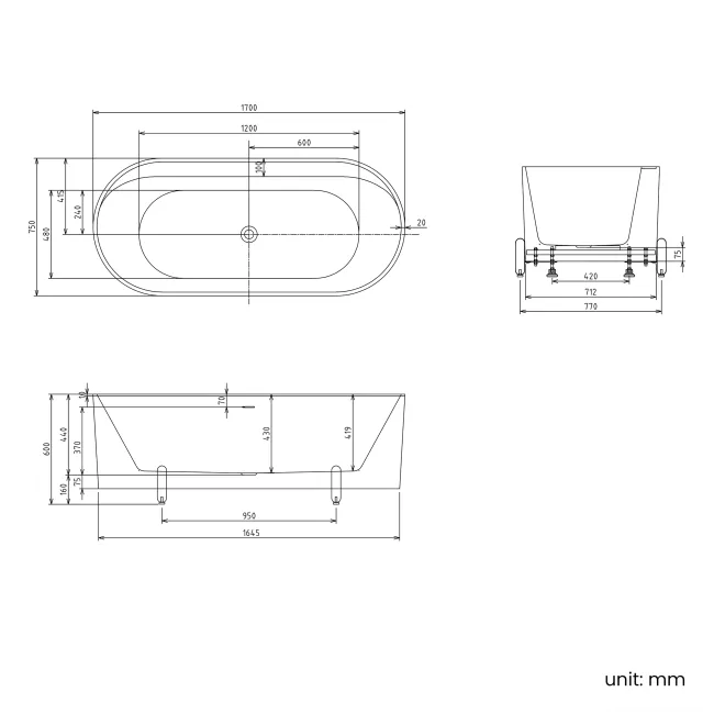 Shore 1700 Matt Pink Freestanding Bath - Matt Black Feet
