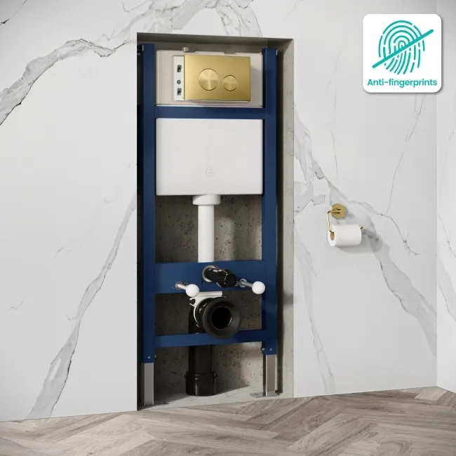 Idaho Pneumatic Wall Hung Toilet Frame and Concealed Cistern with Brushed Brass Flush Plate - Round Buttons