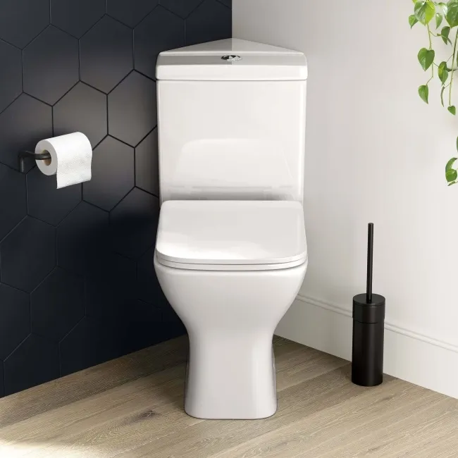 Atlanta Rimless Close Coupled Corner Toilet With Soft Close Slim Seat
