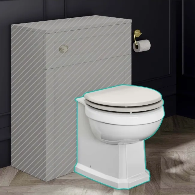 Hudson Traditional Back To Wall Toilet With Cotton White Wooden Seat - Brushed Brass Hinges