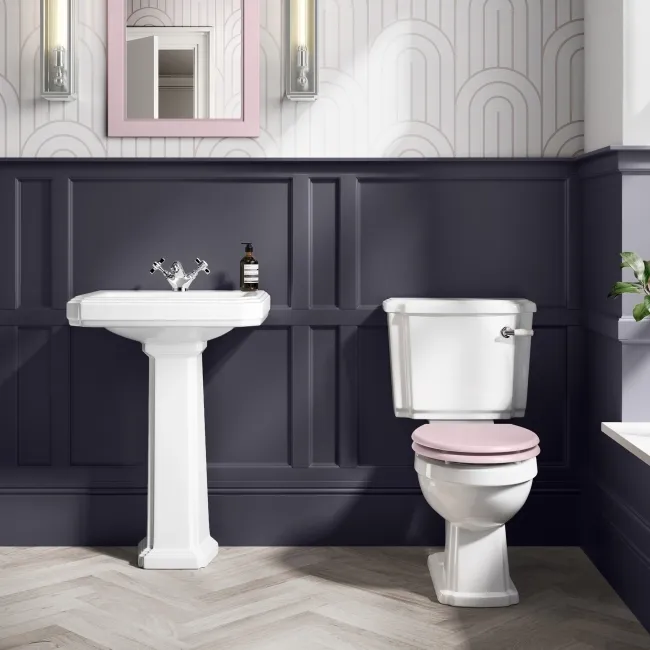 Hudson Traditional Close Coupled Toilet With Cashmere Pink Seat & Pedestal Basin - Single Tap Hole