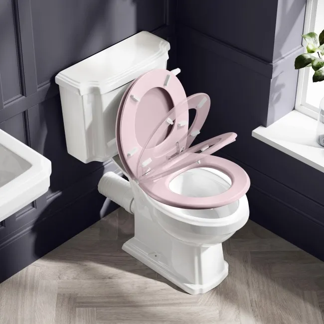 Hudson Traditional Toilet With Cashmere Pink Seat & Pedestal Basin Set - Double Tap Hole