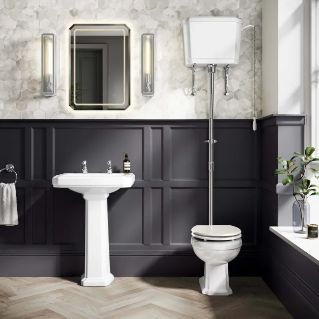 Hudson Traditional High-Level Toilet With Cotton White Seat & Pedestal Basin - Double Tap Hole