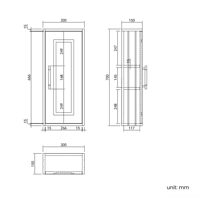 Midnight Green Wall Hung Cabinet 700x300mm - Brass Knurled Handles