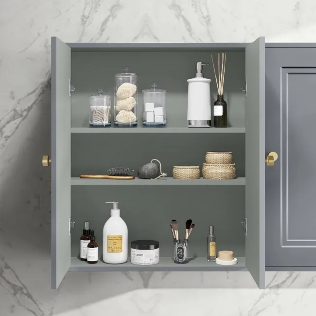 Dove Grey Wall Hung Cabinet 700x600mm - Brushed Brass Accents