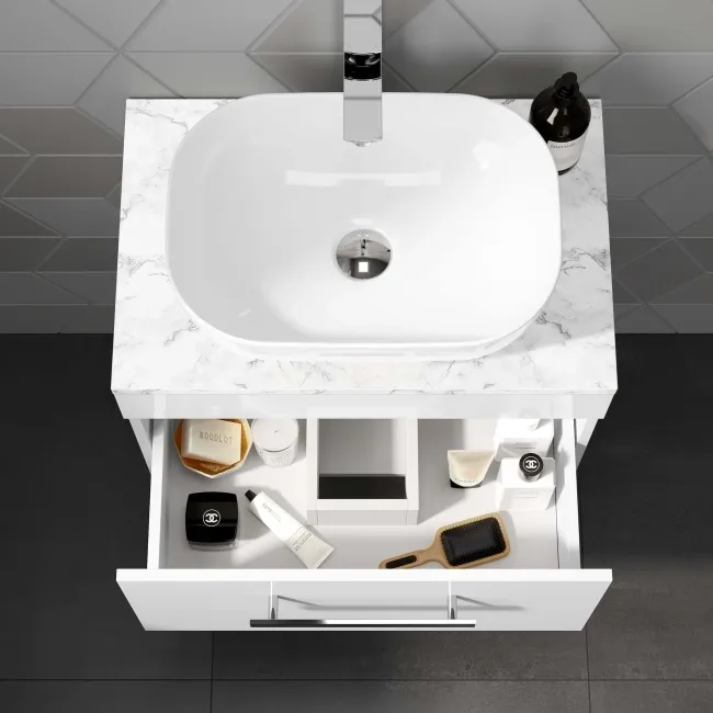 Avon Gloss White Wall Hung Drawer with Marble Top 600mm - Excludes Counter Top Basin