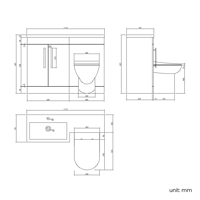Avon Stone Grey Combination Vanity Basin and Aruba Toilet 1100mm - Left Handed