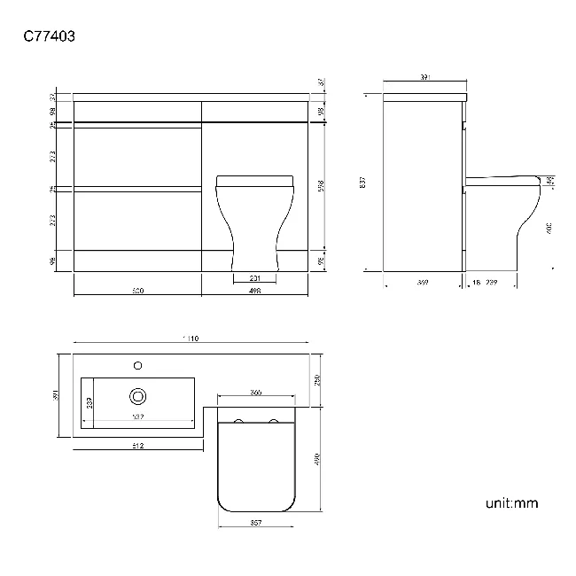 Trent Stone Grey Combination Basin Drawer and Atlanta Toilet 1100mm - Left Handed