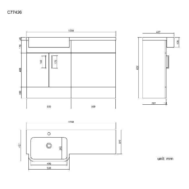 Harper Stone Grey Basin Vanity and Back To Wall Toilet Unit 1200mm - Left Handed