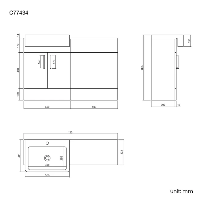 Harper Stone Grey Basin Vanity with Marble Top & Back To Wall Unit 1200mm