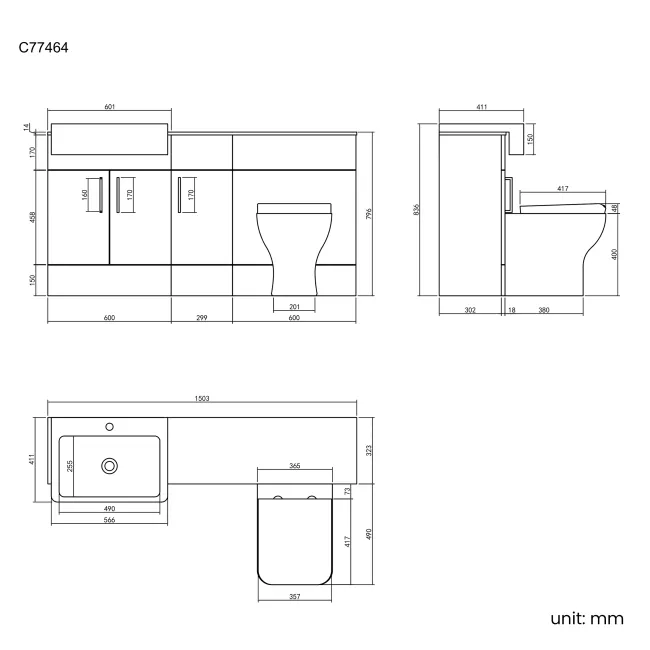 Harper Charcoal Elm Combination Vanity Basin with Marble Top & Atlanta Toilet 1500mm