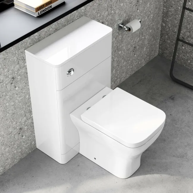 Curved Gloss White Slimline Back To Wall Unit and Atlanta Toilet