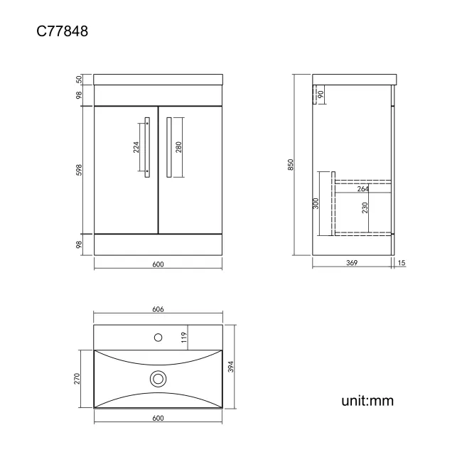 Avon Gloss White Basin Vanity 600mm - Black Accents