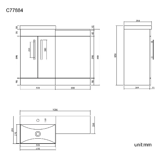 Avon Gloss White Basin Vanity and Back To Wall Unit 1000mm - Black Accents