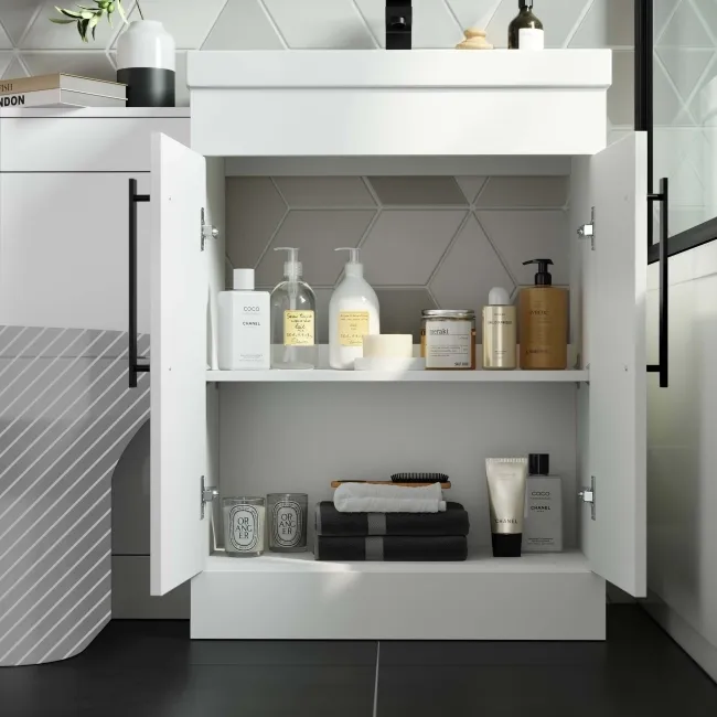 Avon Gloss White Basin Vanity and Back To Wall Unit 1100mm - Black Accents