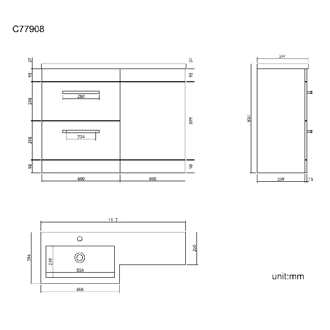 Avon Gloss White Basin Vanity Drawer and Back To Wall Unit 1100mm - Black Accents - Left Handed