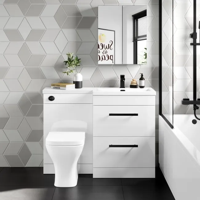 Avon Gloss White Combination Basin Drawer and Atlanta Toilet 1100mm - Black Accents - Right Handed