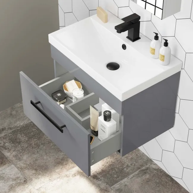 Avon Stone Grey Wall Hung Basin Drawer Vanity 600mm - Black Accents