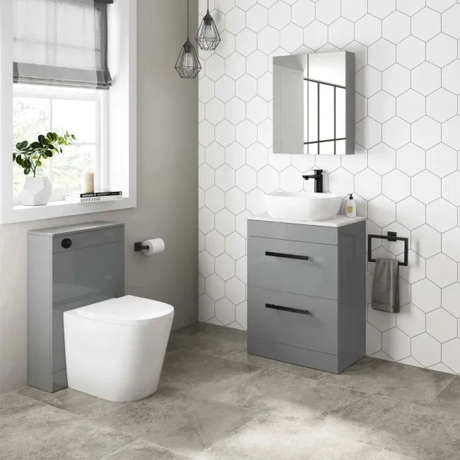 Avon Stone Grey Vanity Drawer with Marble Top & Curved Counter Top Basin 600mm - Black Accents