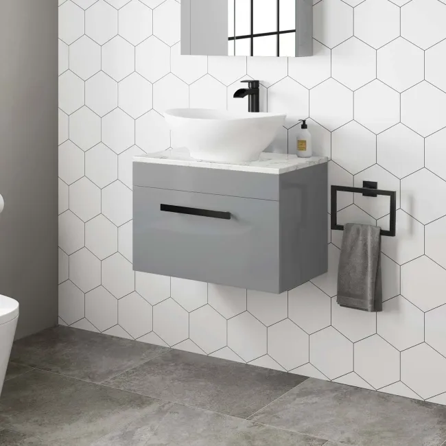 Avon Stone Grey Wall Hung Drawer Vanity with Marble Top & Oval Counter Top Basin 600mm - Black Accents