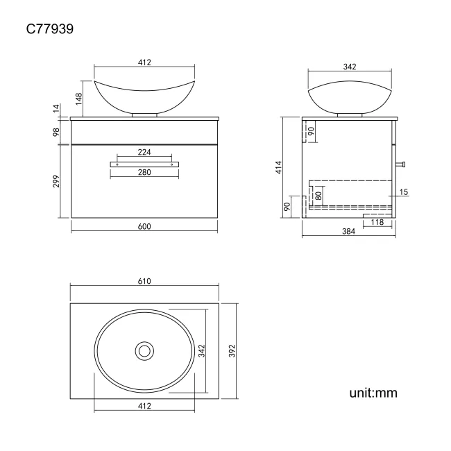 Avon Stone Grey Wall Hung Drawer Vanity with Marble Top & Oval Counter Top Basin 600mm - Black Accents