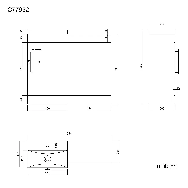 Avon Stone Grey Basin Vanity and Back To Wall Unit 950mm - Black Accents