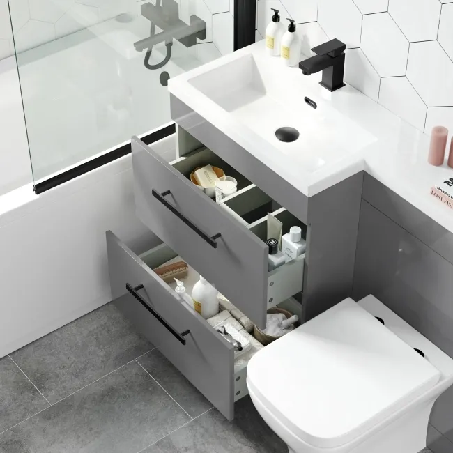 Avon Stone Grey Combination Basin Drawer and Atlanta Toilet 1100mm - Black Accents - Left Handed
