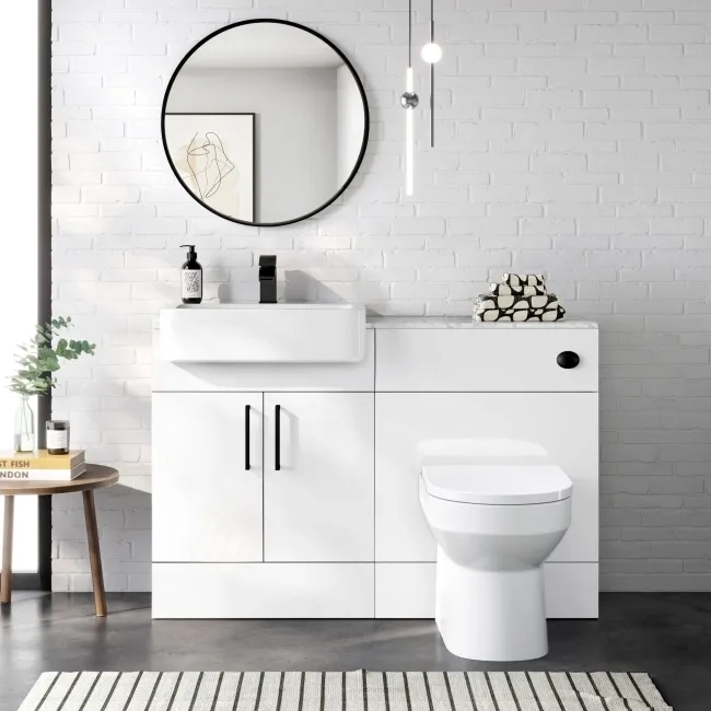 Harper Gloss White Combination Vanity Basin with Marble Top & Miami Toilet 1200mm - Black Accents