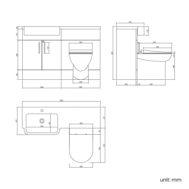 Harper Stone Grey Combination Vanity Basin and Aruba Toilet 1200mm - Black Accents - Left Handed