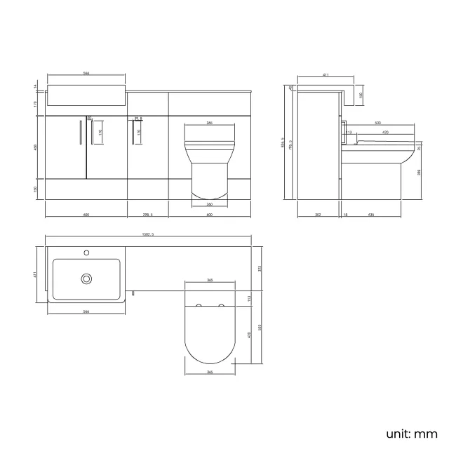 Harper Stone Grey Combination Vanity Basin with Marble Top & Miami Toilet 1500mm - Black Accents