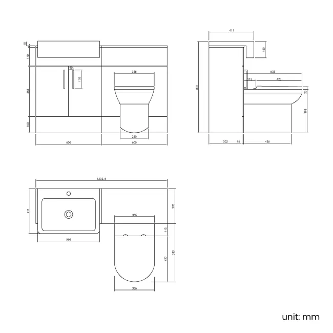 Harper Charcoal Elm Combination Vanity Basin and Miami Toilet 1200mm - Black Accents