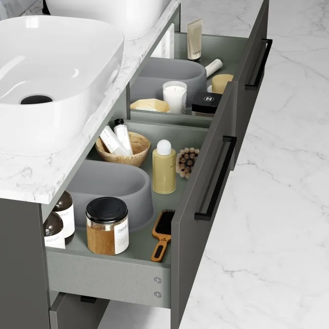 Elba Graphite Grey Double Wall Hung Drawer Vanity with Marble Top & Curved Counter Top Basin 1200mm - Black Accents