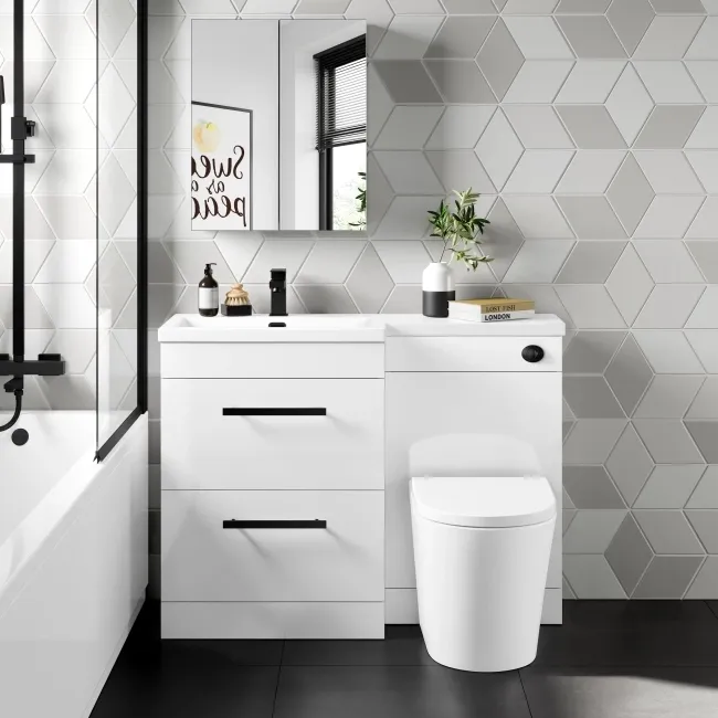 Avon Gloss White Combination Basin Drawer and Boston Toilet 1100mm - Black Accents - Left Handed