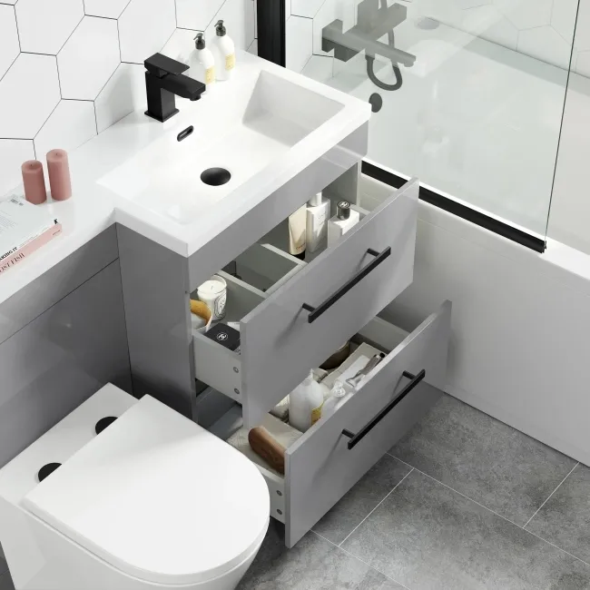 Avon Stone Grey Combination Basin Drawer and Boston Toilet 1100mm - Black Accents - Right Handed