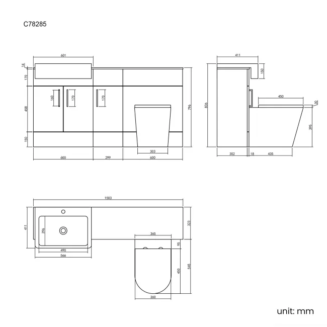 Harper Stone Grey Combination Vanity Basin with Marble Top & Boston Toilet 1500mm - Black Accents