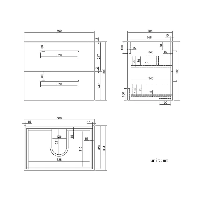 Elba Inky Blue Wall Hung Basin Drawer Vanity 600mm - Black Accents