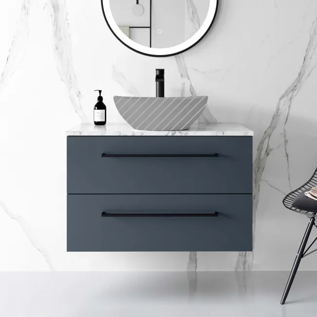Elba Inky Blue Wall Hung Drawer 800mm Excludes Counter Top Basin - Black Accents