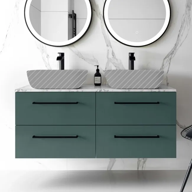 Elba Midnight Green Wall Hung Drawer with Marble Top 1200mm Excludes Basins - Black Accents